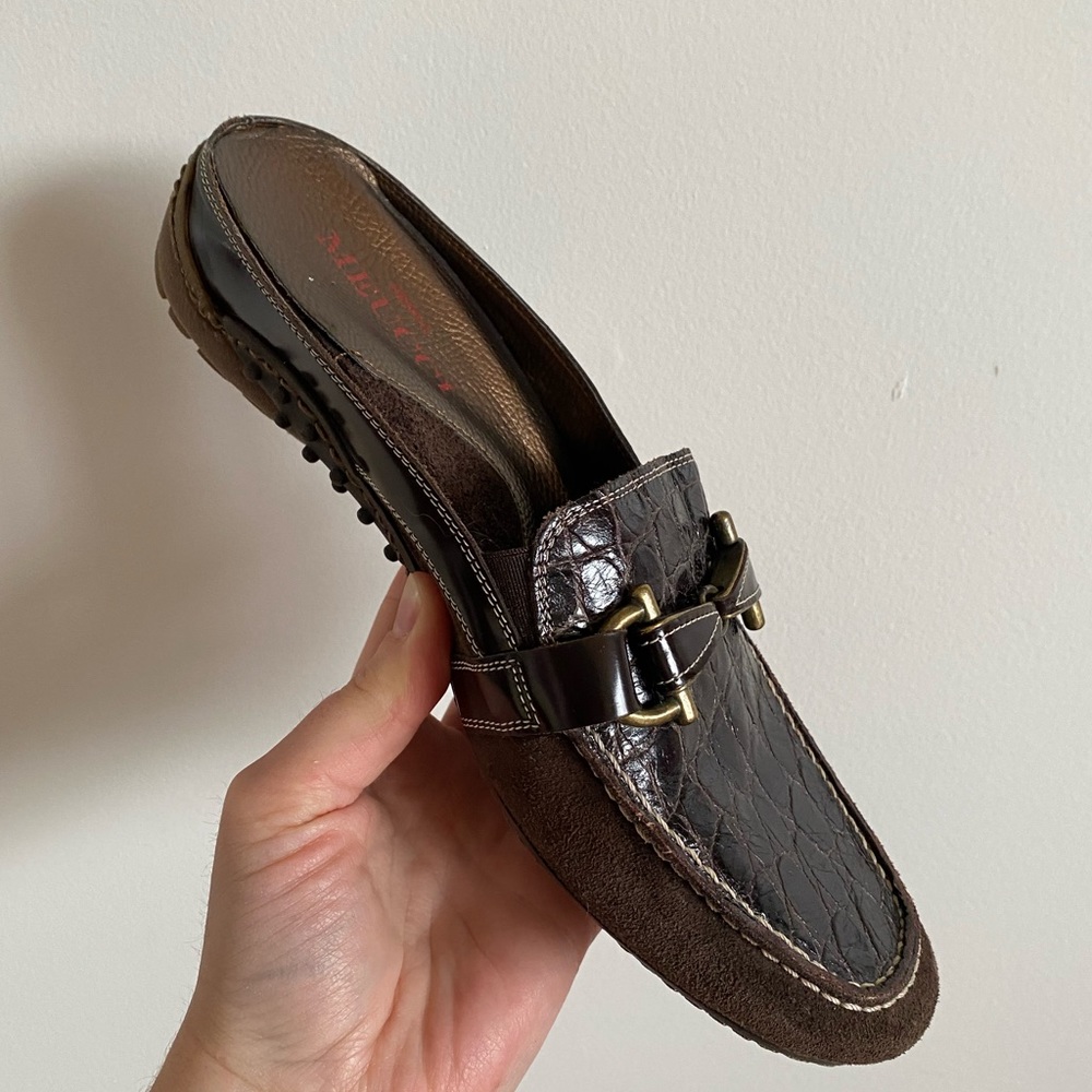 Sesto Meucci Brown Crocodile Print Mule Slide Loafer